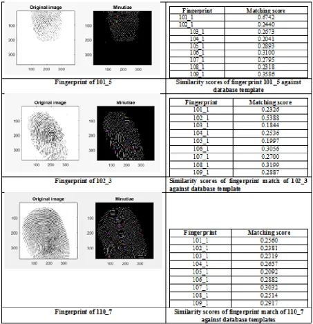 Figure 10.  The fingerprints with their minutiae and the matching scores of the presented fingerprints against each of the template’s fingerprints