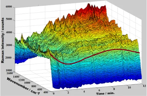 Figure 5.  3D SERS spectra of real surface water in off shore station I: 07.01.13; continous measurement; gold island substrates Laser λ = 671 nm, laser power 30 mW; 10 s integration time  