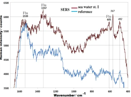 Figure 6.  In situ SERS measurement of the sea water from off shore station I (7.01.13) and reference spectrum of fresh tub water (8.01.13); gold island substrates (different); Laser λ = 671 nm, laser power 30 mW; 10 s integration time  