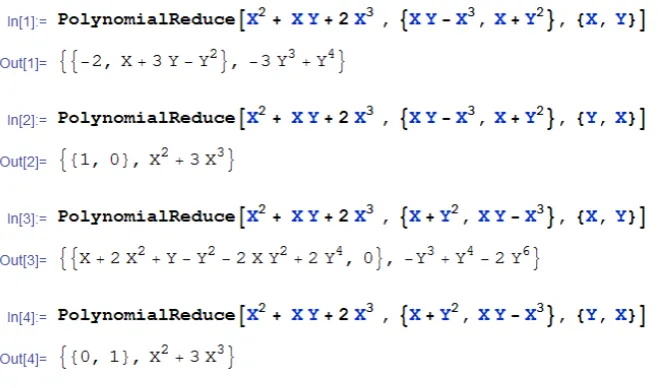 Figure 1.  The MATHEMATICA results for multivariable division for different monomial orders