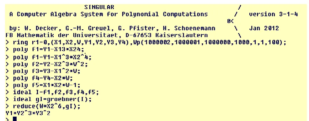 Figure 9.  Computing the optimal solution of IP (5.4) in system SINGULAR.  