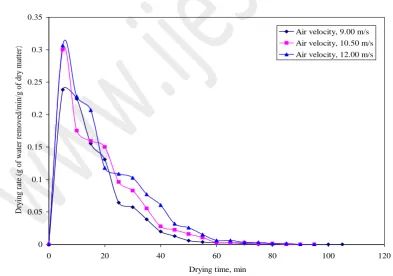 Fig. 3: Effect of air velocity on drying rate of beetroots during drying at inlet air temperature 60 ºC during FBD 