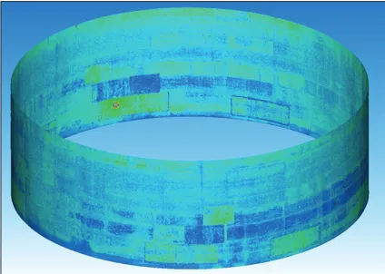 Fig.9. Distribution of equivalent stresses seqv in the VSTP-50000 tank wall (Pa). The scanning resolution is 6.3 mm/10m.