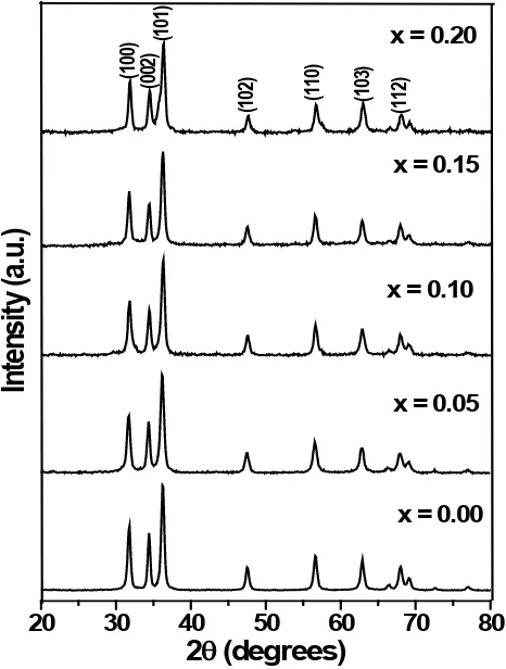 Figure 1.  X-ray diffraction pattern of Zn1-xMnxO samples. 