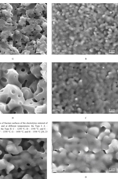 Figure 6.  SEM images of thermally etched surfaces of the electrolyte samples sintered of different powder types at different temperatures
