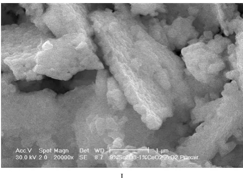 Figure 1.  The high-resolution (A), conventional transmission (B,D,G) and scanning (E,F,H,I) electron microscopy images of three 10Sc1CeSZ powder Types (A,B,D-F) and their agglomerates (C,G-I)