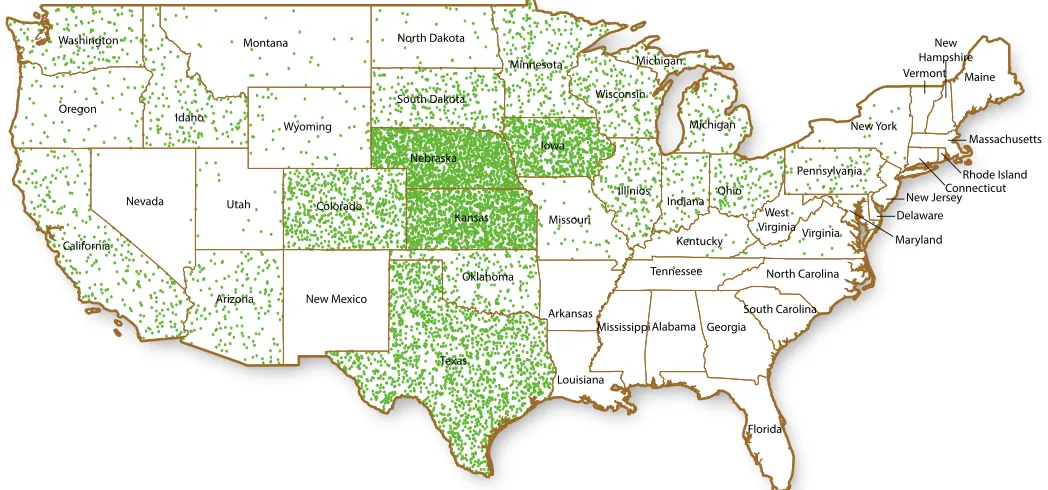 Fig. 1. Dot density plot of calf inventory, January 1, 2015. Map shows state-level inventory totals with each dot representing 1,500 calves