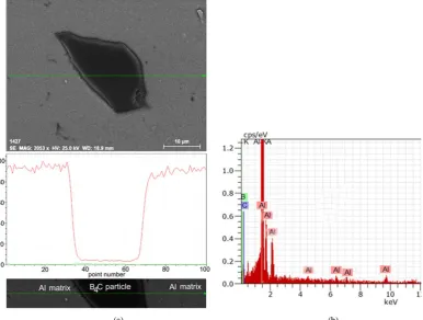 Figure 4.  Interface between B4C and Al. (a) X-ray attenuation profiles showing a B4C particle in the Al matrix; (b) EDX spectrum of B4C particle in the vicinity of interface