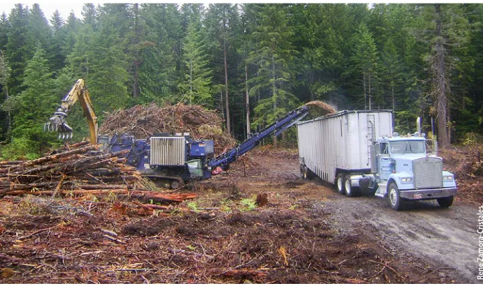 Fig. 6. Sensitivity of processing and transportation costs to distance for the 32 + 32–ft double-trailer configuration with grinding at a centralized yard and single-trailer configurations with grinding at the landing.