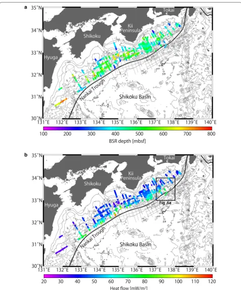 Fig. 3 Distributions of methane hydrate BSRs in the Nankai subduction zone. a Colored dots indicate BSR depths below the seafloor