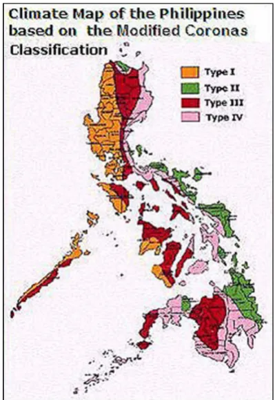 Figure 1.  Climate Map of the Philippines Modified Coronas Classification (Photo credits: Slideshare) 