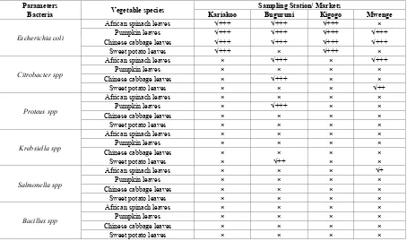 Table 6.  Frequency of occurrence of bacteria on fresh vegetables from different markets 