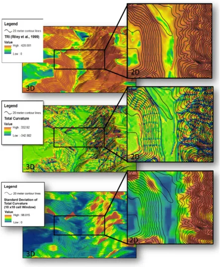 Figure 5.  Raster maps of a valley shown in 3D from a view point (left panels) and 2D bird’s eye view (right panels), where the left side of the (Middle Panels)