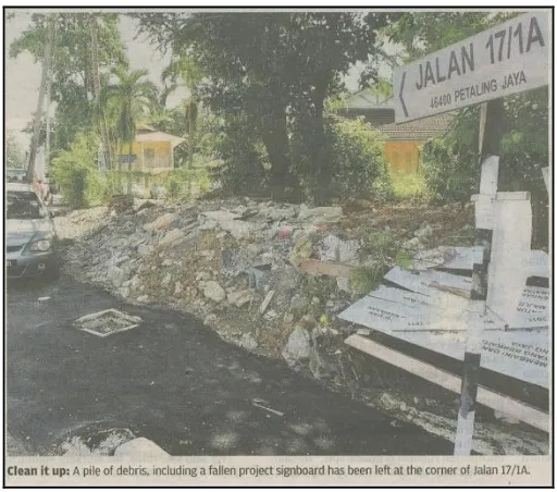 Figure 1: Construction waste illegally dumped in mangrove swamp   (Source: The Star Newspaper, 2011) 