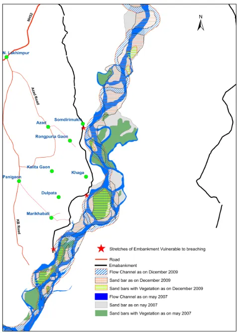 Figure 7.  Changes in channel configuration of Subansiri River during the year 2007 to 2009 