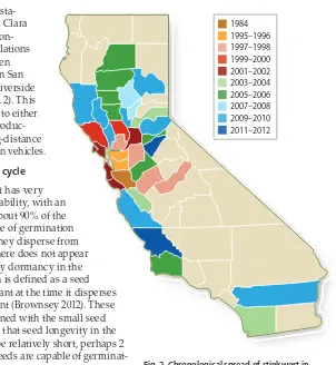 Fig. 1. Approximate rate of spread of Dittrichia graveolens in California as represented by the number of California counties where plant collections have been made between 1984 and 2012 (Consortium of California Herbaria 2012).