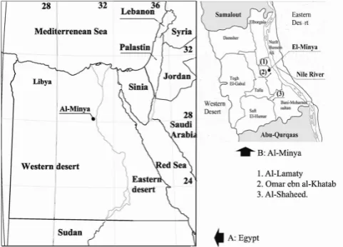 Figure 1.  a) Map of Egypt with the location of al-Minya and Belbas, b) Skem school location in Beblas, c) Case studies location in al Minya: 1- al-Lamaty 2 – Omar ebn al-Khatab 3- al-Shaheed 