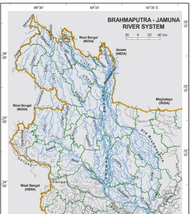 Figure 10.  The Brahmaputra Basin in Bangladesh. The link canal originating from Assam would pass over several rivers even it was going along the 26oparallel (www.banglapedia.org/HT/B_0616.HTM)