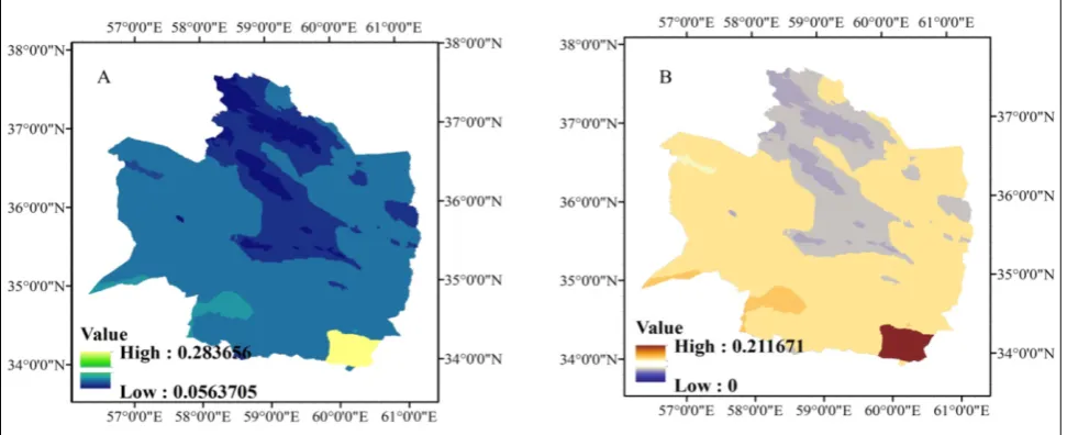Figure 9.  Desertification Susceptibility map A: using fuzzy overlay function, B: using Belief function 