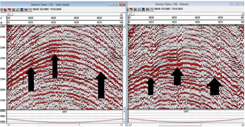 Figure 6A.  Juxtaposed view of corrected shot (left) and uncorrected shot (right) for Shot gather 4838 