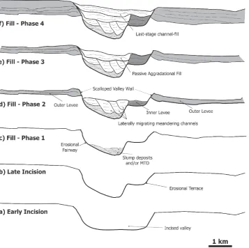 Figure 6.  Schematic drawing showing the evolution and fill-history of the submarine incised valley