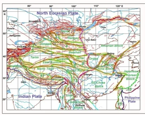 Figure 1.  Modern block structure of central Asia and adjacent territories. supposed boundaries [(numerals in figure): (1) Altai, (2) west Mongolian, (3) Ebi Nur, (4) south Gobi, (5) Tienshan, (6) Pamirs, (7) west Kunlun, (8) west Qinlin, (9) Qilian, (10) 