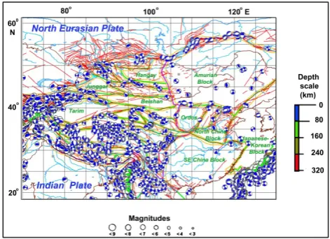 Figure 3.  The correlation between block structure of central Asia and types of the seismic stress after data on mechanisms in earthquake epicenters (CMT 2013)
