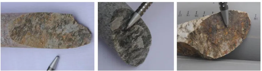 Figure 1.  Kinematic indicators on granite core samples, striation (on the left), steps (in the middle) and groves (on the right)