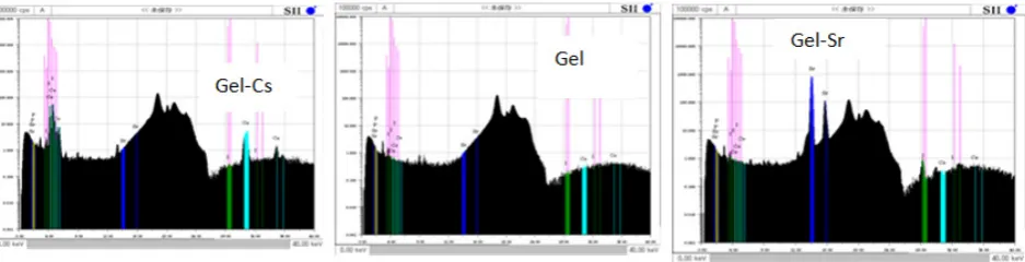 Figure 8.  XRF spectra of Cs and Sr in membrane of polymer gel, gel - Sr, gel-Cs 