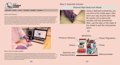 Figure 1. The SRT. (a) The home page of the toolkit website. (b) An excerpt from a multimedia fabrication protocol describing the casting and assembly of a soft pneumatic actuator