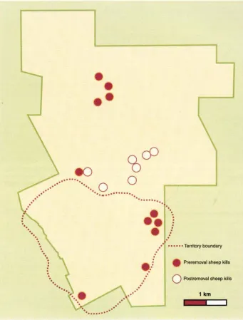 Fig. 3. Map of HREC showing the locations of coyote-killed sheep in relation to the 