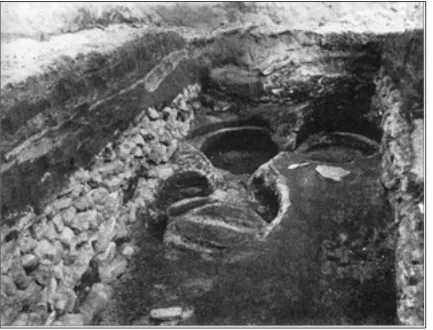 Figure 9.  Barrel imprints in the storage room of the farm Stöng (from Ágústsson 1989) 