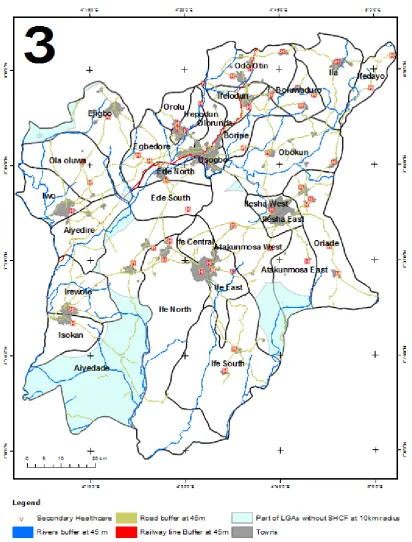 Figure 8.  Overlay of buffered road, buffered rivers, buffered railway line and (LGAs) areas without secondary healthcare facilities 