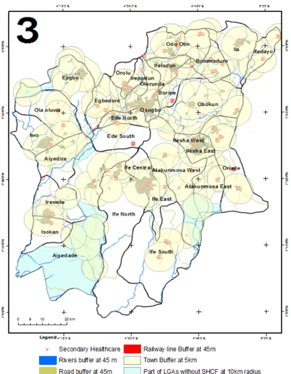 Figure 9.  Overlay of (buffered road, buffered rivers, buffered railway line, areas without secondary healthcare facilities) and buffered towns 
