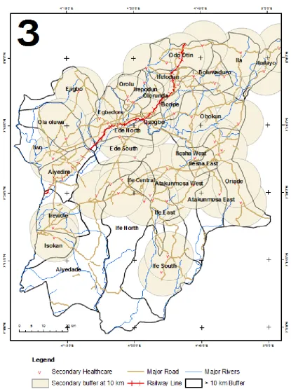 Figure 6.  Buffer zones around existing secondary healthcare facilities, major roads, major rivers, railway line and towns in Osun State 