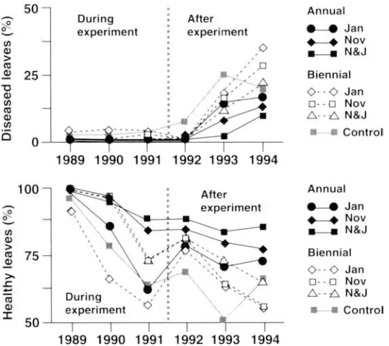 Fig. 2. cations of Koclde ated early May each year; average of Experiment 2: Extended effects of annual and biennial appli- 101 on Incidence of olive leaf spot