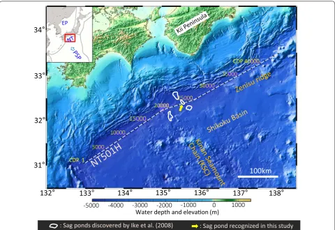 Fig. 1 Study area and seismic line. High‑resolution seismic reflection data have been collected using GI guns along the seismic line NT501H follow‑ing the axis of the Nankai Trough