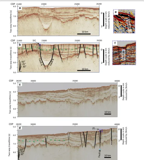 Fig. 8 Enlarged seismic reflection sections. A basement depression and surrounding many faults are visible in the panels (a) and (b)