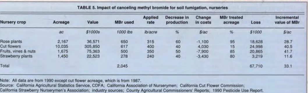 Table 5 shows net returns per pound from MBr use for nurseries. 