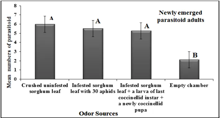 Figure 2.  Response of C. undecimpunctata adults starved three days towards odors emitted from crushed un-infested sorghum leaf, sorghum leaf infested with 30 aphids, only thirty aphids and empty chamber