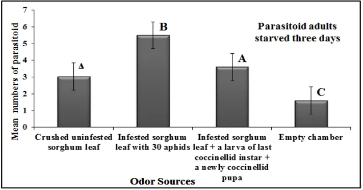 Figure 5.  Response of two days starved parasitoid adults towards odors emitted from crushed un-infested sorghum leaf, infested sorghum leaf with 30 aphids, infested sorghum leaf + a last larvae of coccinellid + a newly formed pupa and empty chamber