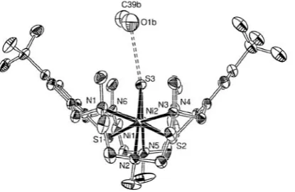 Fig. 4. Structure of the hydrosulﬁfor reasons of clarity. The dashed line indicates a hydrogen bond between the SH moiety and the MeOH solvate  de complex 6 in crystals of 6·BPh4·MeOH·2H2O