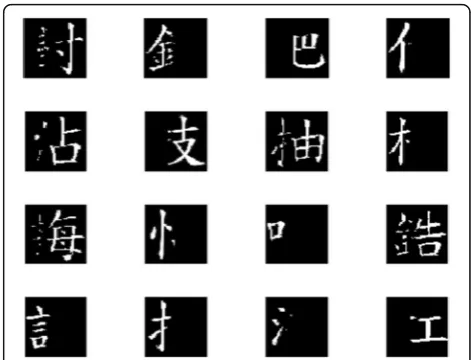 Fig. 3 Visualized basis elements (or dictionary atoms) in the matrixW, obtained by factorizing the matrix V, formed by the Chinesecharacters displayed in Fig