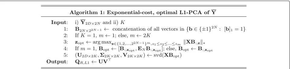 Fig. 2 Algorithm for optimal computation of the 2K L1-PCs of rank-2D data matrix Y2D×2N with exponential (w.r.t