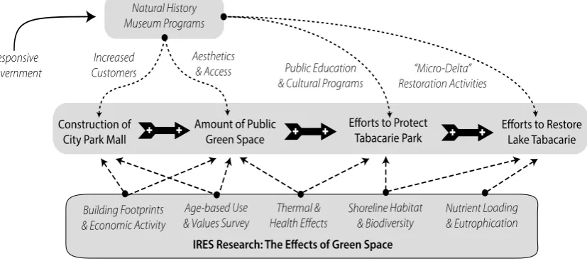 Figure 7:  Year 2 consensus Systems Map for Lake Tabacărie, illustrating the dominant theory of change (middle grey area), stakeholder activity (upper grey area), and IRES research strategy (lower grey area)