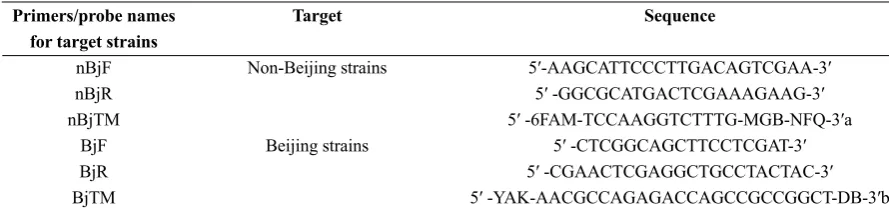 Table 1. Nucleotide sequences used as primers and TaqMan probes for identification of Beijing and non-Beijing strains (18)