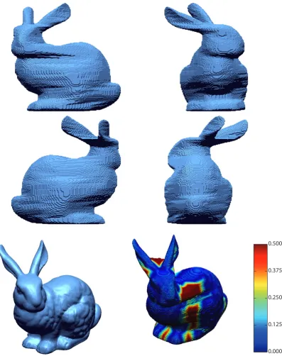 Figure 3.7: The top four images are views of the Reconstruction of the Stanford Bunnyobject using silhouette information and regular sampling