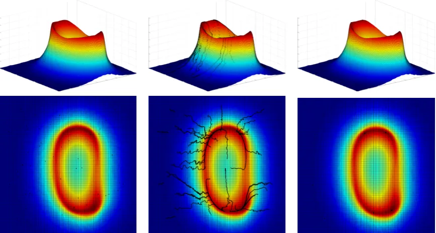 Figure 3.18: Similarly to the silhouette version, 50 random points are selected forstarting positions (left image), they converge to the nearest maxima using Newton’salgorithm.The ﬁnal locations can be seen in the right image, the problem is themajority of the 50 points have converged to just 4 points on the ridge, not equallyspaced as is required for good reconstruction.