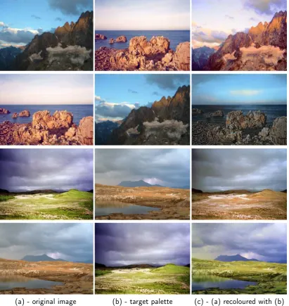 Figure 3.4: Examples of Image re-Colouring: the original image (a) is re-colouredusing the palette of the example image (b)