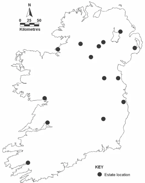 Fig. 3 The locations of 14 shooting estates from which gamebag records were collated.
